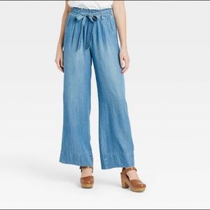 New Mid rise tie-waist wide leg chambray denim XS